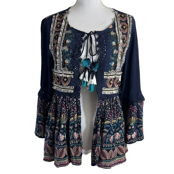 Aqua Embroidered Top Size Small Open Front Beaded Sequin Boho Fringe Floral Thin - Picture 1 of 13